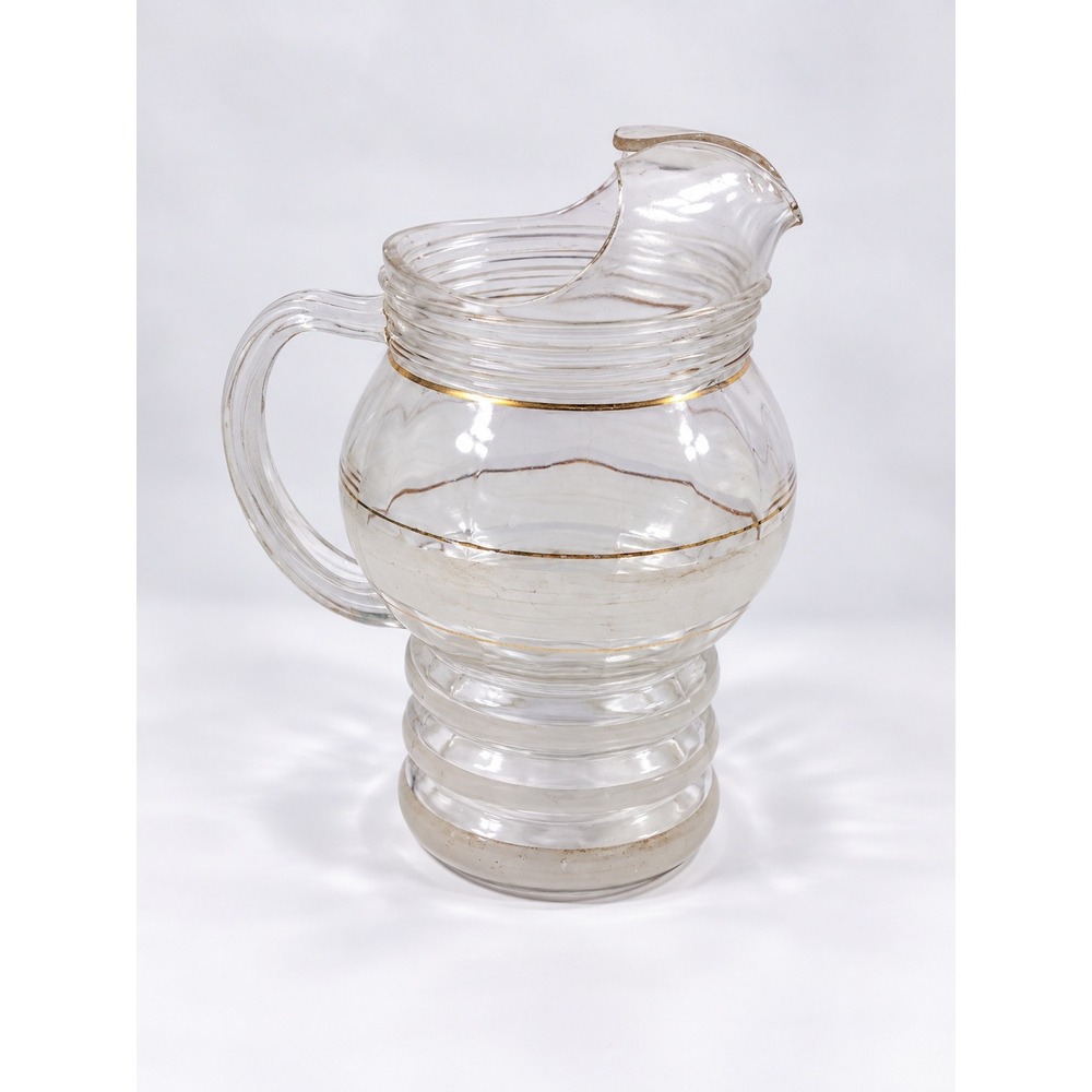 Vintage MCM Clear Glass Pitcher Frosted White Band Gold Trim Ribbed Pedestal